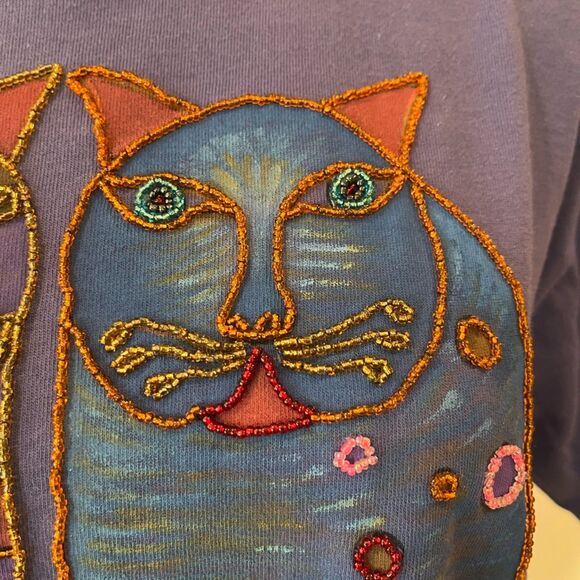 Laurel Burch Vintage Beaded Cat T-Shirt Blue Purple Whisker Cat Made in Bali - Picture 6 of 8